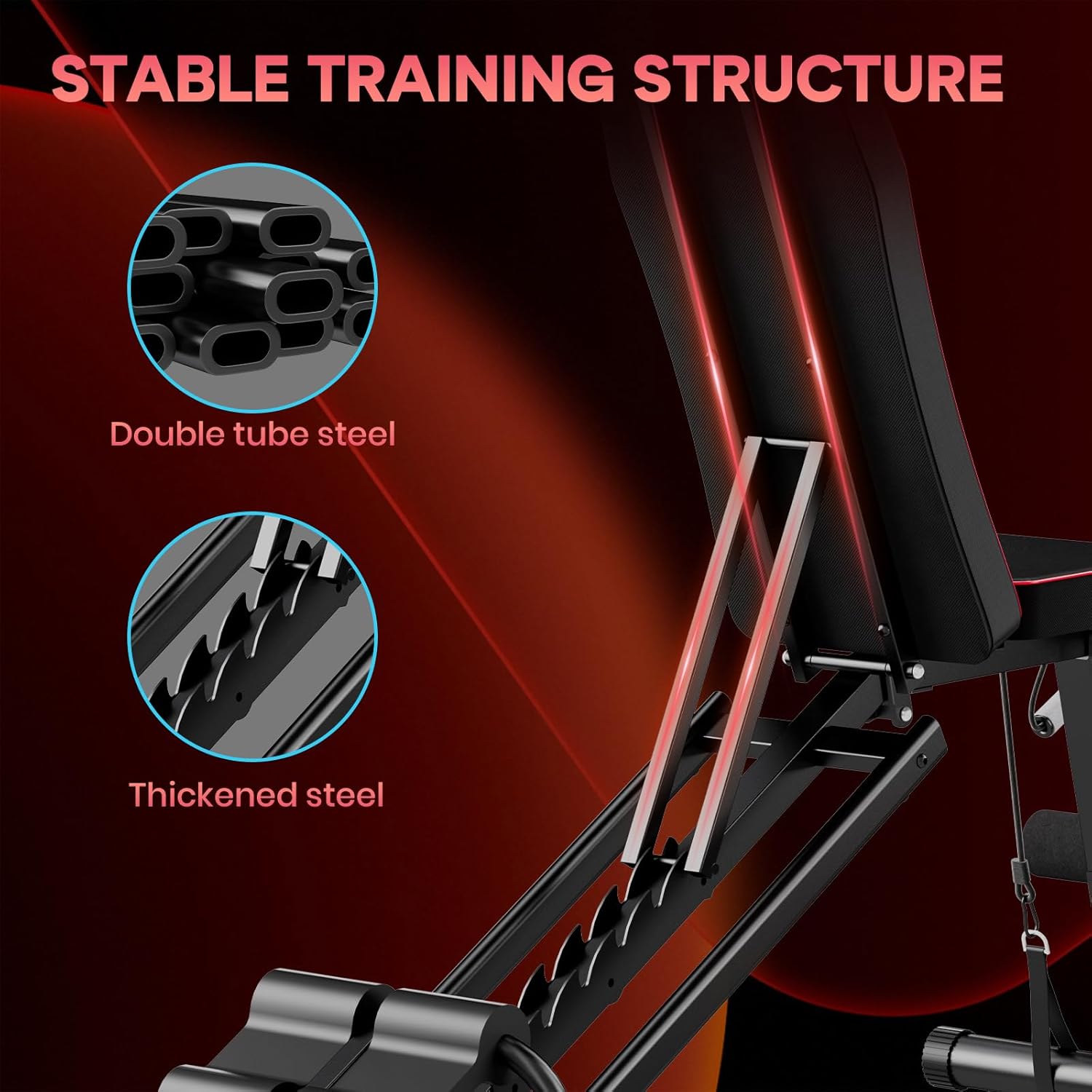 Gymnastikbænk med fremhævet stabil træningsstruktur med dobbelte stålrør og fortykkede stålkomponenter.