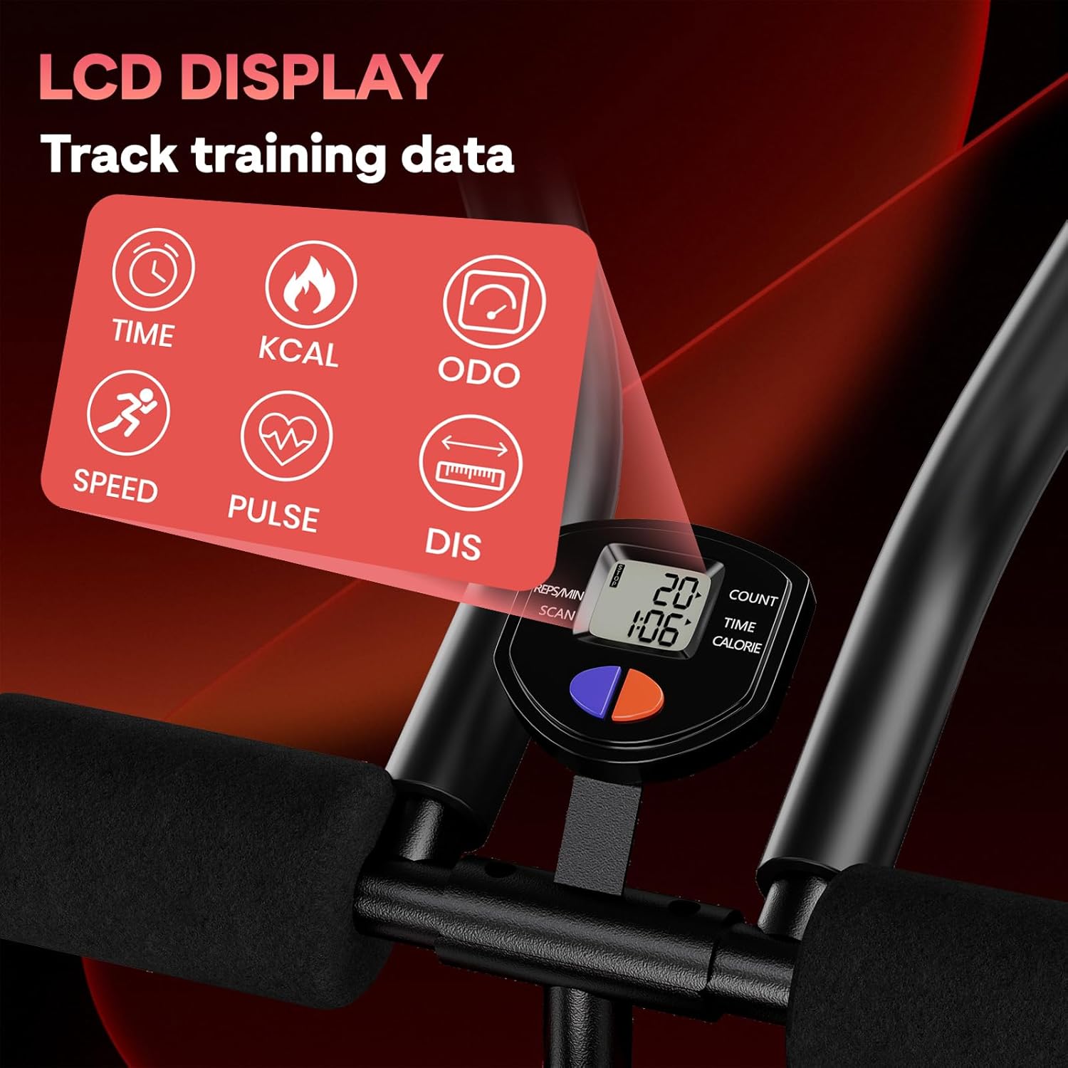 Motionscykelkonsol med LCD-display, der viser forskellige træningsdata på en mørk baggrund