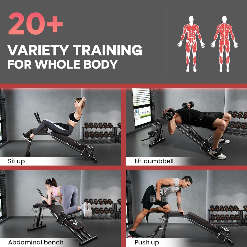 Fitnesscenter med folk, der træner, og tekster om varieret træning for hele kroppen.