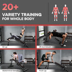 Fitnesscenter med folk, der træner, og tekster om varieret træning for hele kroppen.