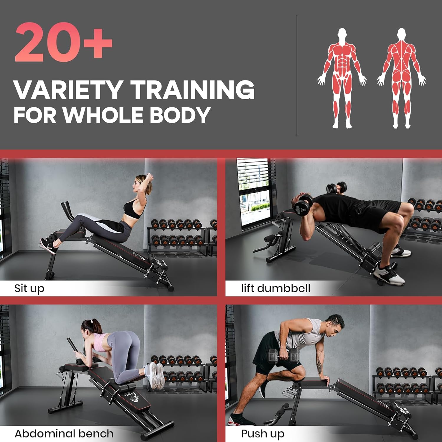 Fitnesscenter med folk, der træner, og tekster om varieret træning for hele kroppen.