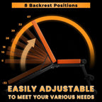 Ergonomisk stol med justerbar ryglæn, der viser 8 positioner på en sort baggrund