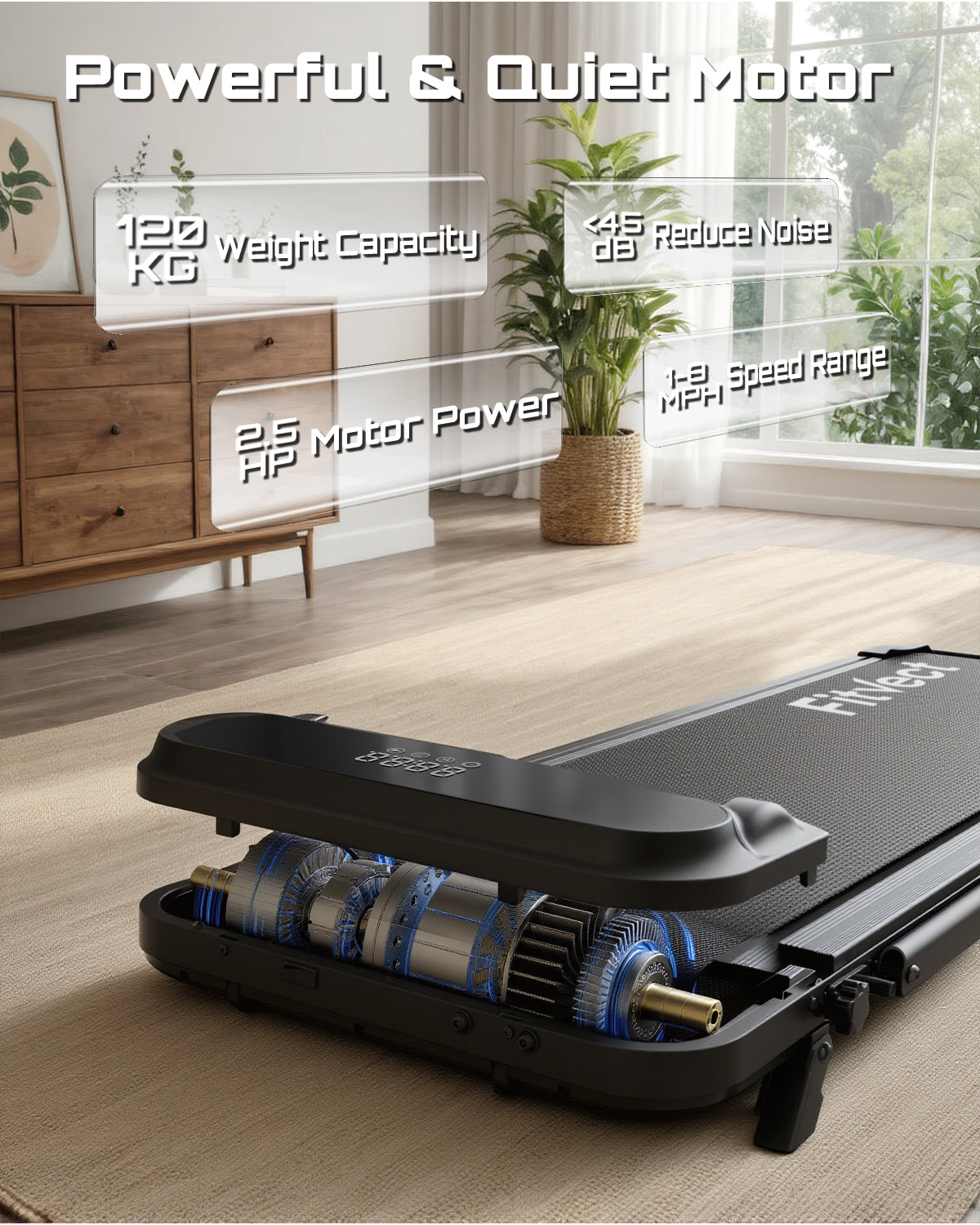 Løbebånd med motordetaljer i hjemmemiljø