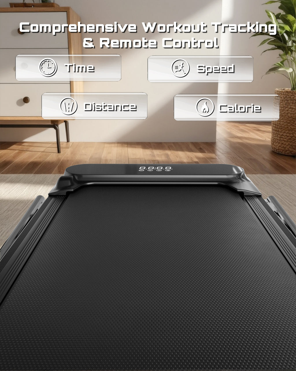 Løbebånd med træningssporingsfunktioner vist på en skærm
