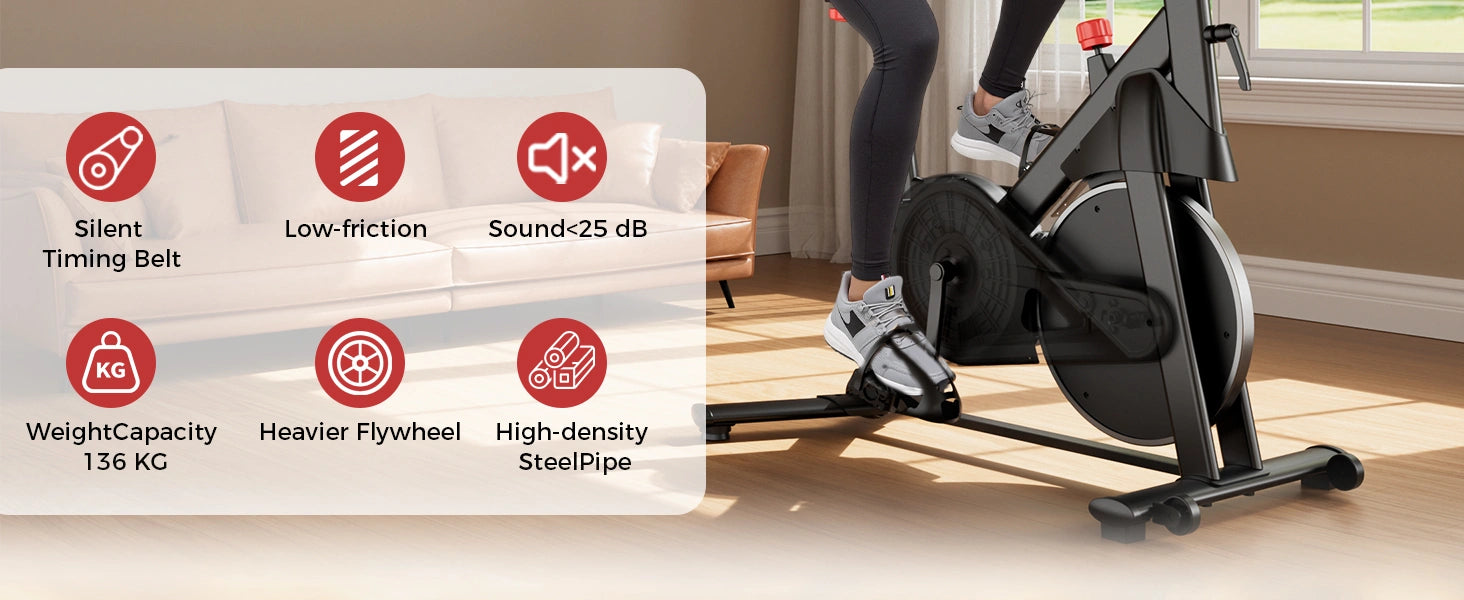 Motionscykel med funktioner fremhævet på et hvidt lag