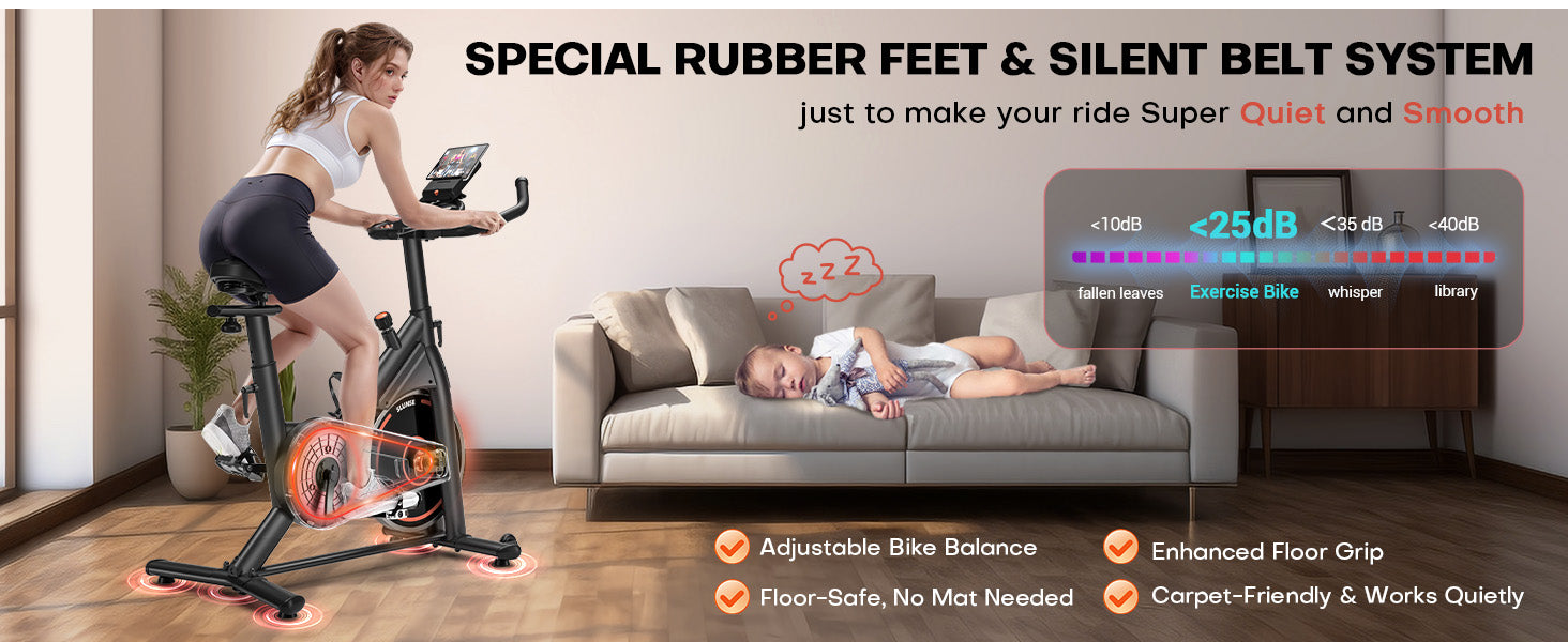 Kvinde træner på en motionscykel med en baby sovende på en sofa med vægt på ro og komfort.