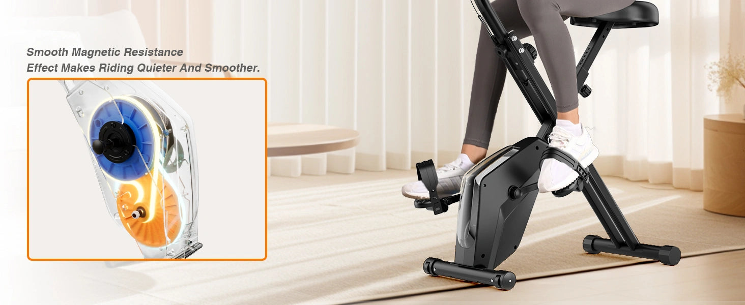 Person, der bruger en magnetisk modstandscykel med nærbillede af modstandsmekanismen.