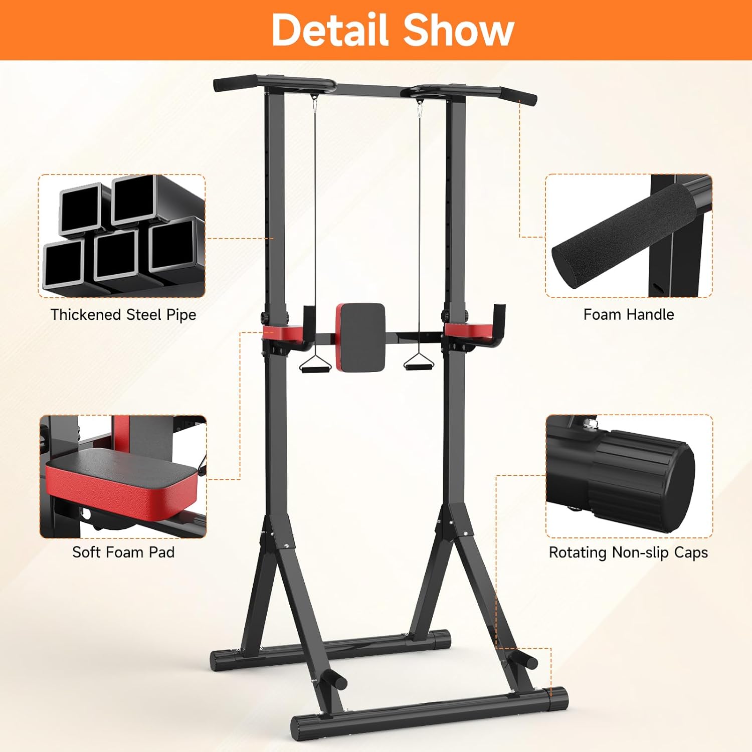 Fitness pull-up stand med detaljerede funktioner på en beige baggrund