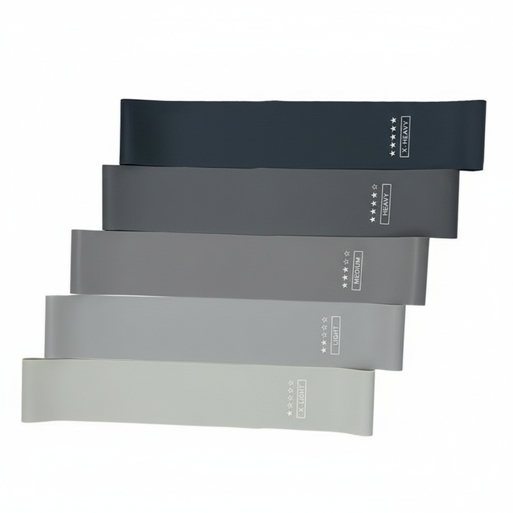 Sæt med 5 sorte, grå og hvide modstandsbånd på en hvid baggrund