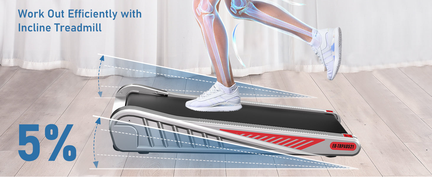 Hældende løbebånd med en person, der bruger det, og som viser benknogler på et gennemsigtigt lag.