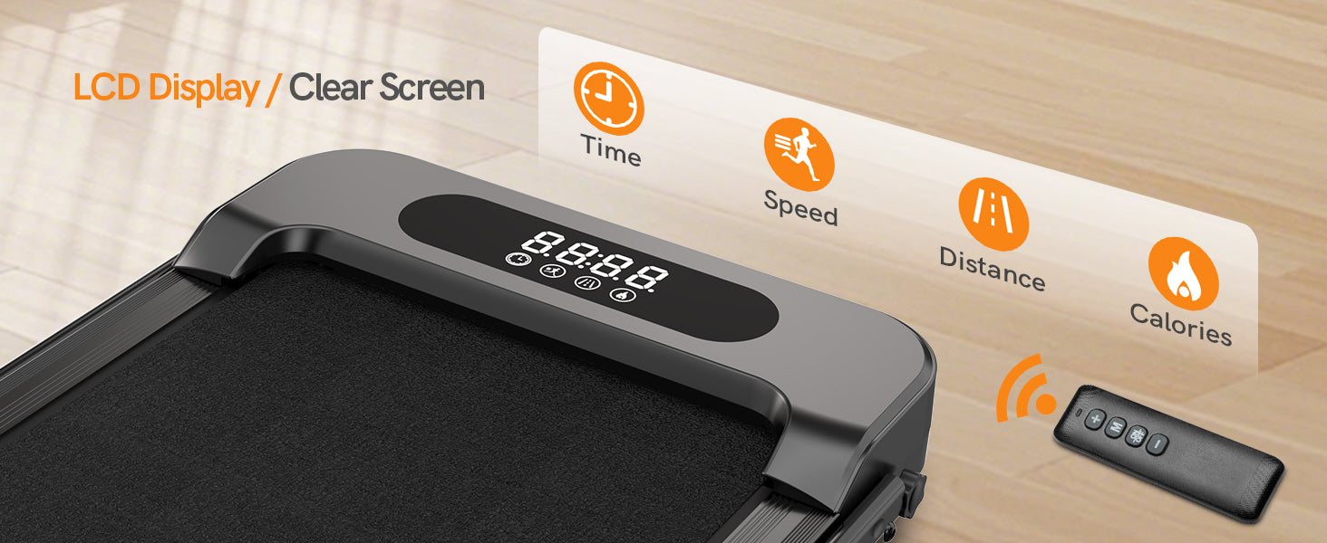 Løbebånd med digitalt display og fjernbetjening på en træoverflade