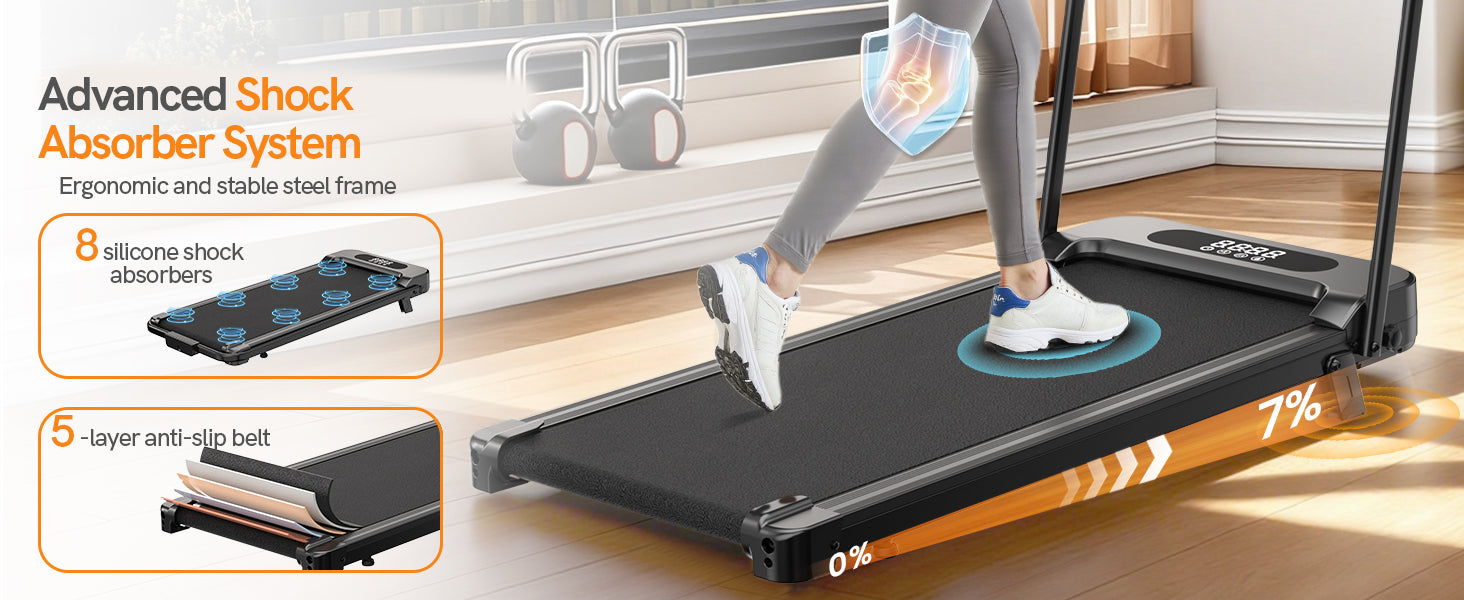 Person, der bruger et bærbart løbebånd med funktioner fremhævet på skærmen.