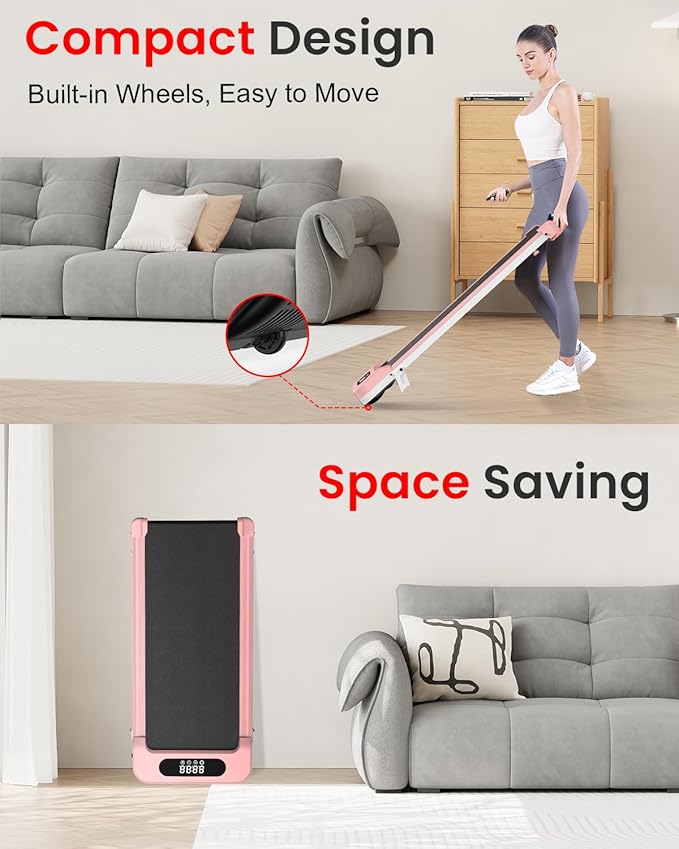 Kvinde bruger en pladsbesparende enhed i en stue med tekst, der fremhæver dens kompakte design og bevægelsesfrihed.