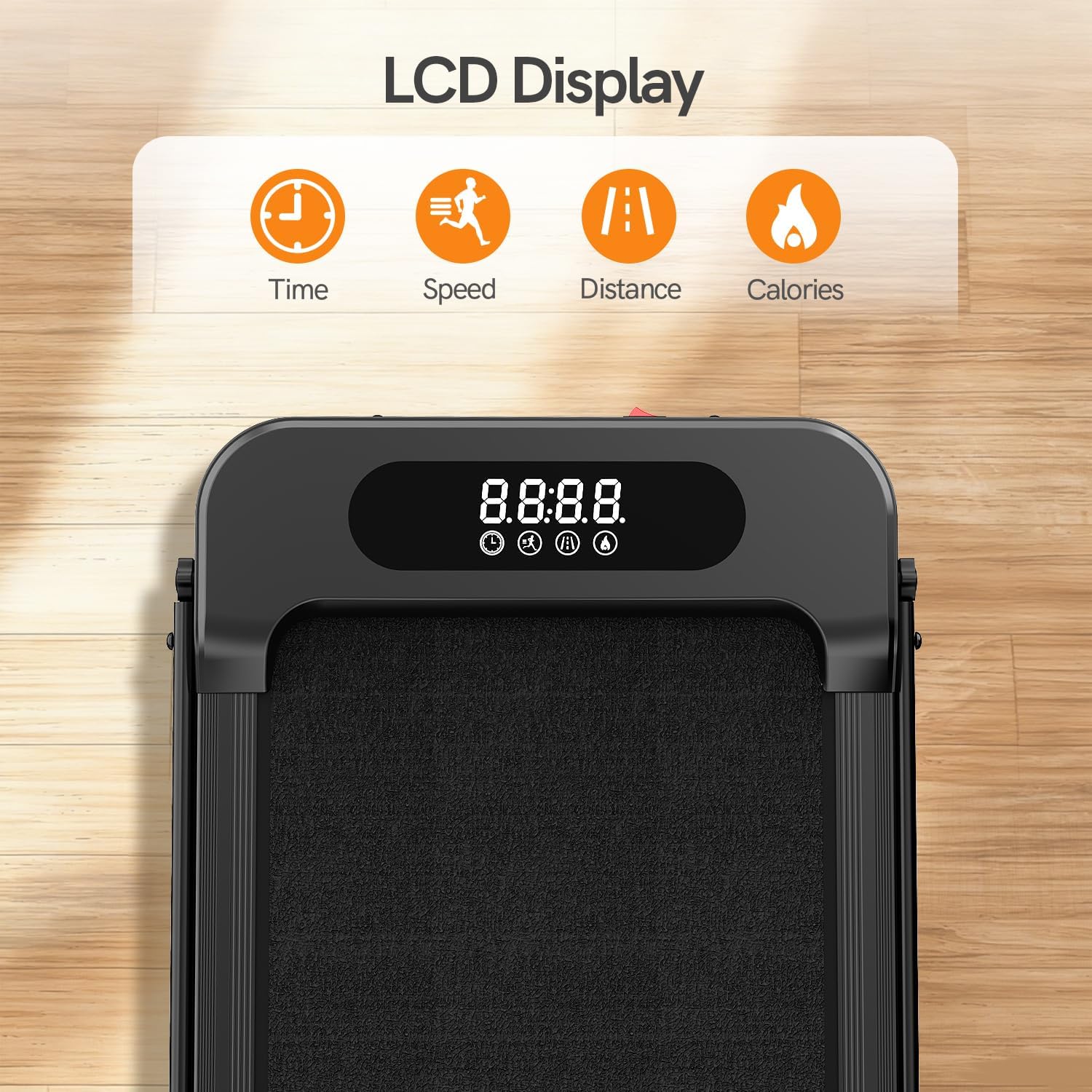 Et Fitvect løbebånd med LCD-display på gulvet