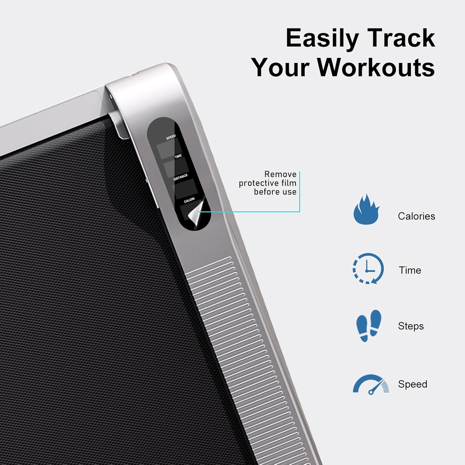 Skridttæller med digitalt display og teksten 'Easily Track Your Workouts' på en hvid baggrund.