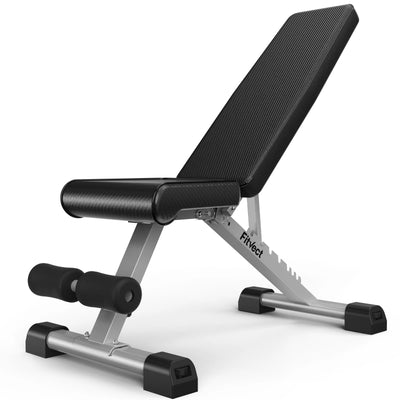 Adjustable weight bench with a black textured padded seat and backrest, silver metal frame, and black footrest pads, shown on a clean white background. The brand name 'Fitvect' is visible on the side support beam.