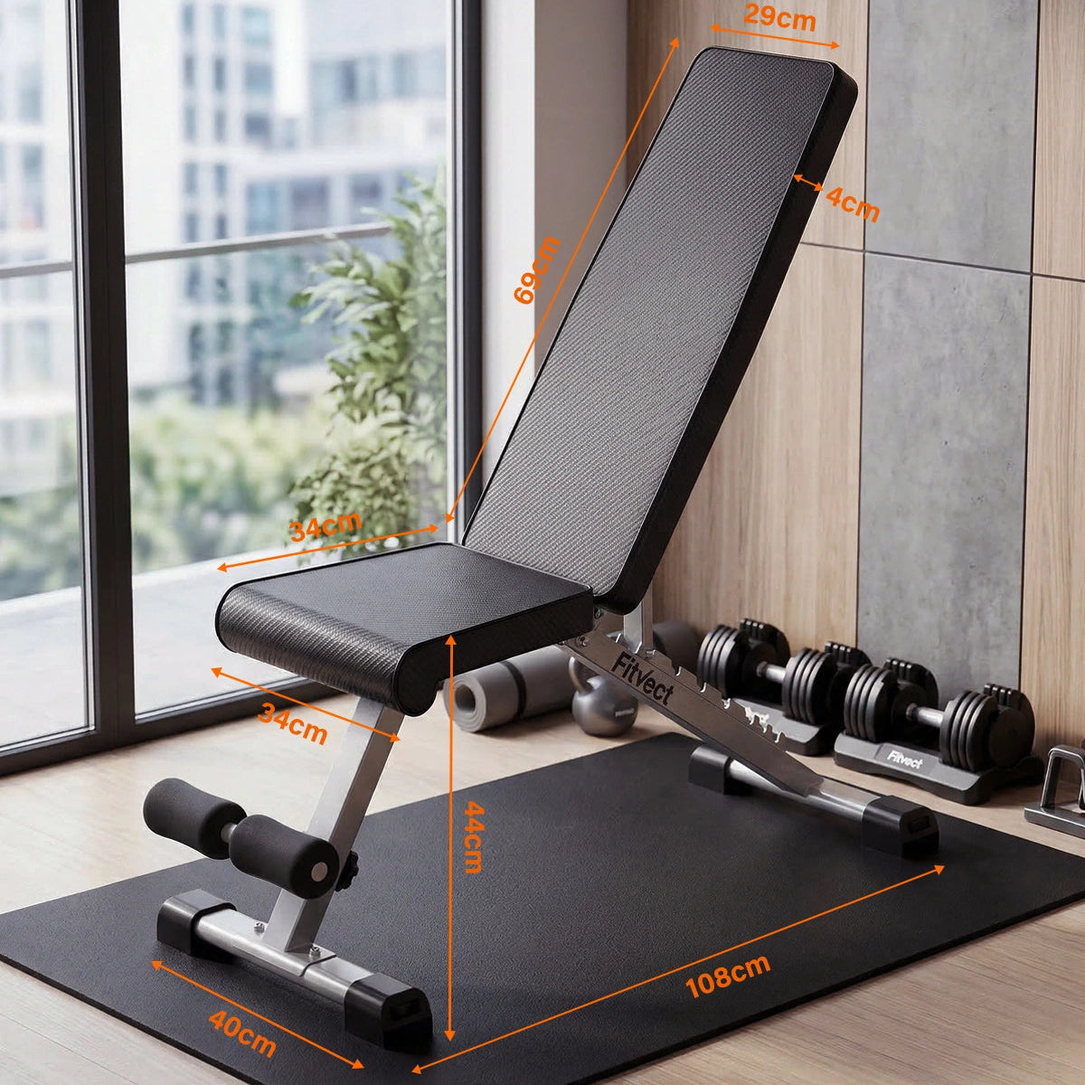 Fitvect titness bench with dimensions labeled in a home setting