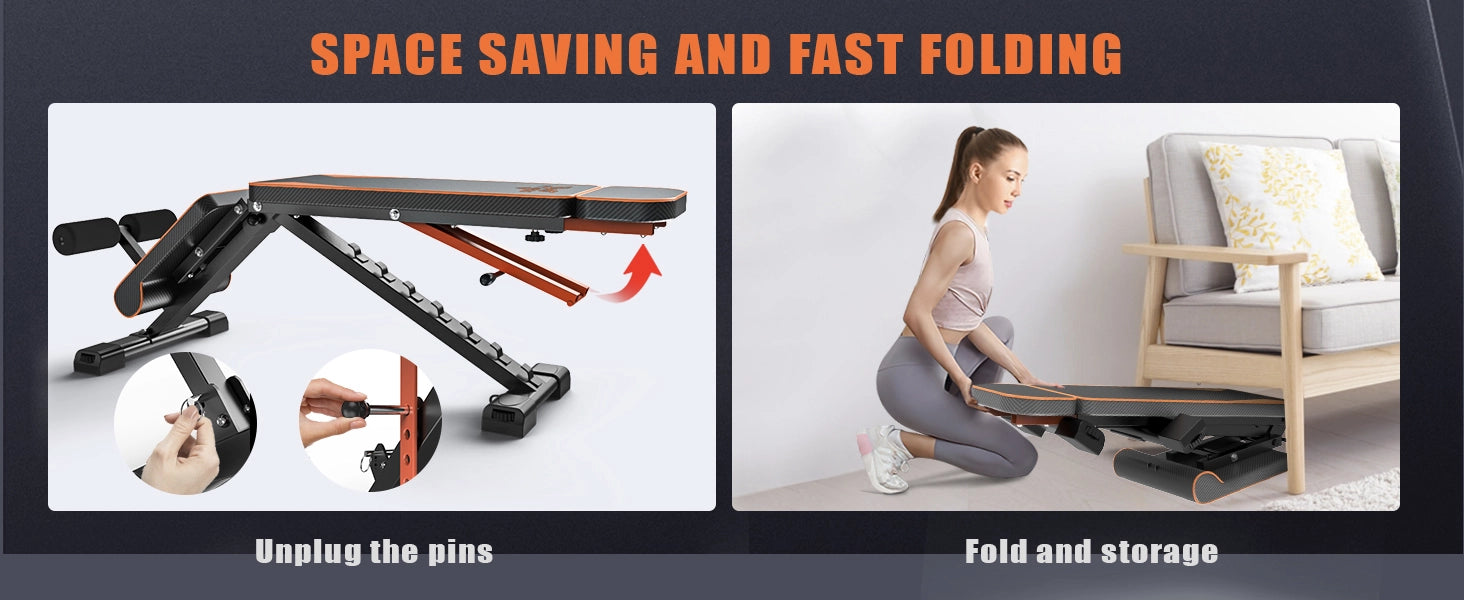 Pladsbesparende og hurtigt foldbart produkt med billeder af brug og montering.