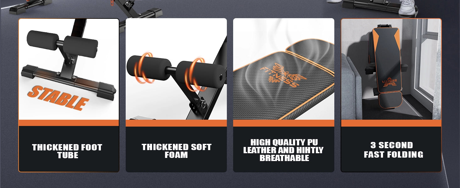 Produktegenskaber ved en fitnessbænk med tekst, der fremhæver designelementer.