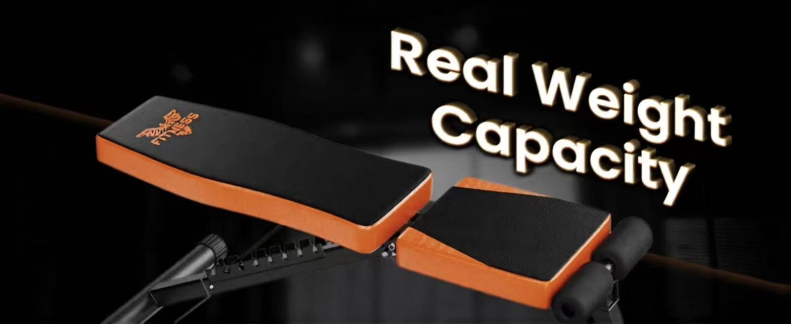 Fitnessudstyr med teksten 'Reel vægtkapacitet' på en mørk baggrund