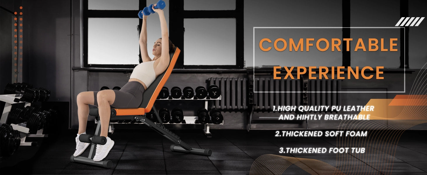 Kvinde træner på en gymnastikbænk med fitnessudstyr i baggrunden