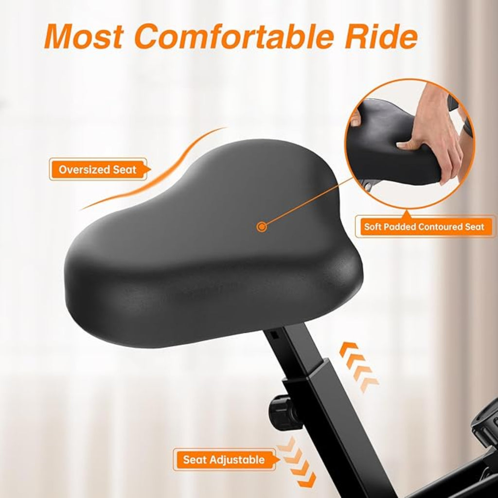 Cykelsæde med overdimensioneret og blødt polstret design, mærket 'Most Comfortable Ride'.