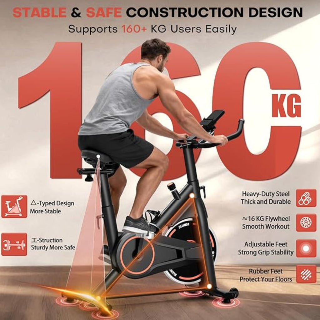 Person, der bruger en motionscykel med tekst, der fremhæver dens funktioner og vægtkapacitet.