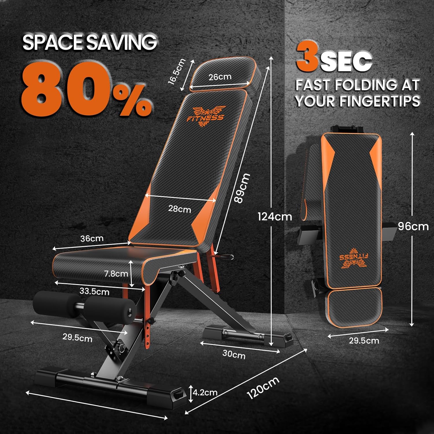 Pladsbesparende, justerbar træningsbænk med dimensioner og sammenklappelige detaljer på en mørk baggrund.
